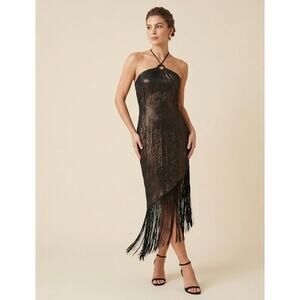 VTG Benny’s Girls Black Metallic Crinkle Halter Fringe Dress O-Ring Y2K 90s Sz S